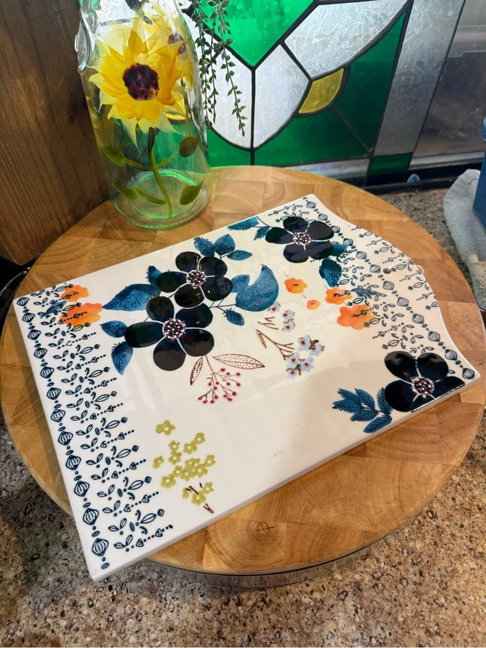 Floral Ceramic Cutting Board Trivet Wall Décor – 12” x 8.5”